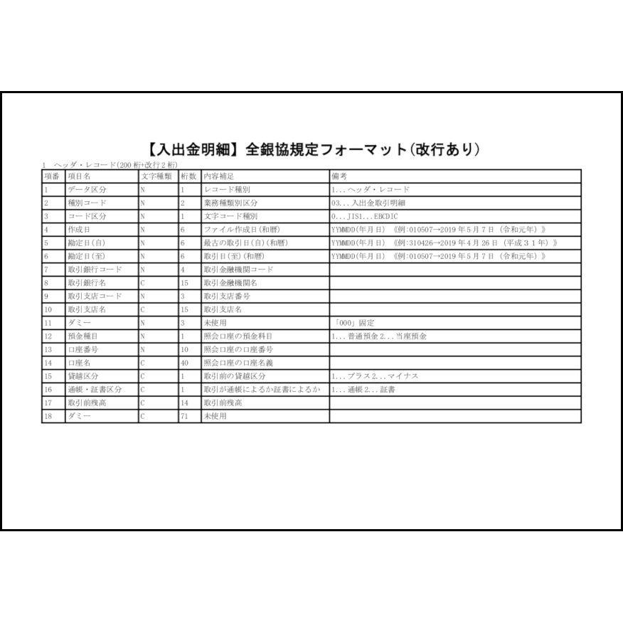 【入出金明細】全銀協規定フォーマット(改行あり)2