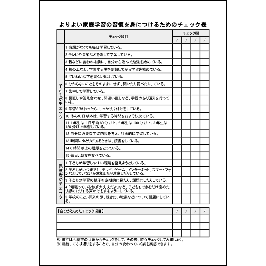 よりよい家庭学習の習慣を身につけるためのチェック表6 LibreOffice