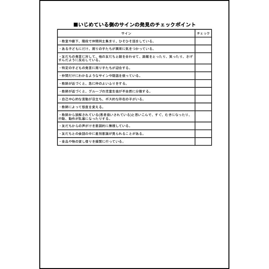 いじめている側のサインの発見のチェックポイント 11 いじめ 自己診断 L活 Libreoffice活用サイト